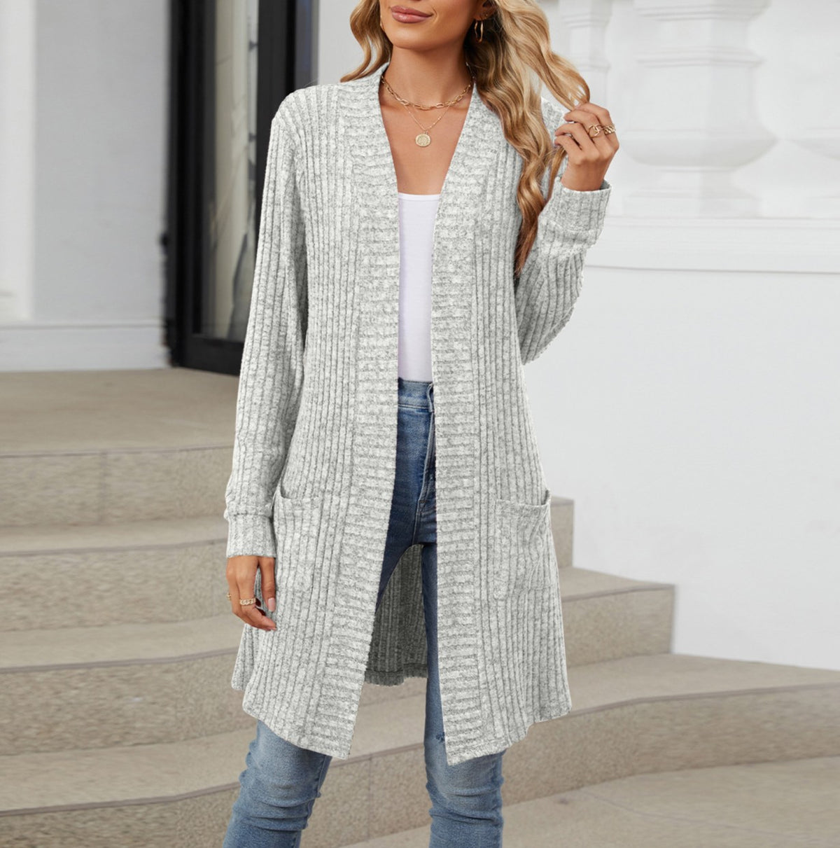 Ribbed Open Front Longline Pocket Cardigan - Grey