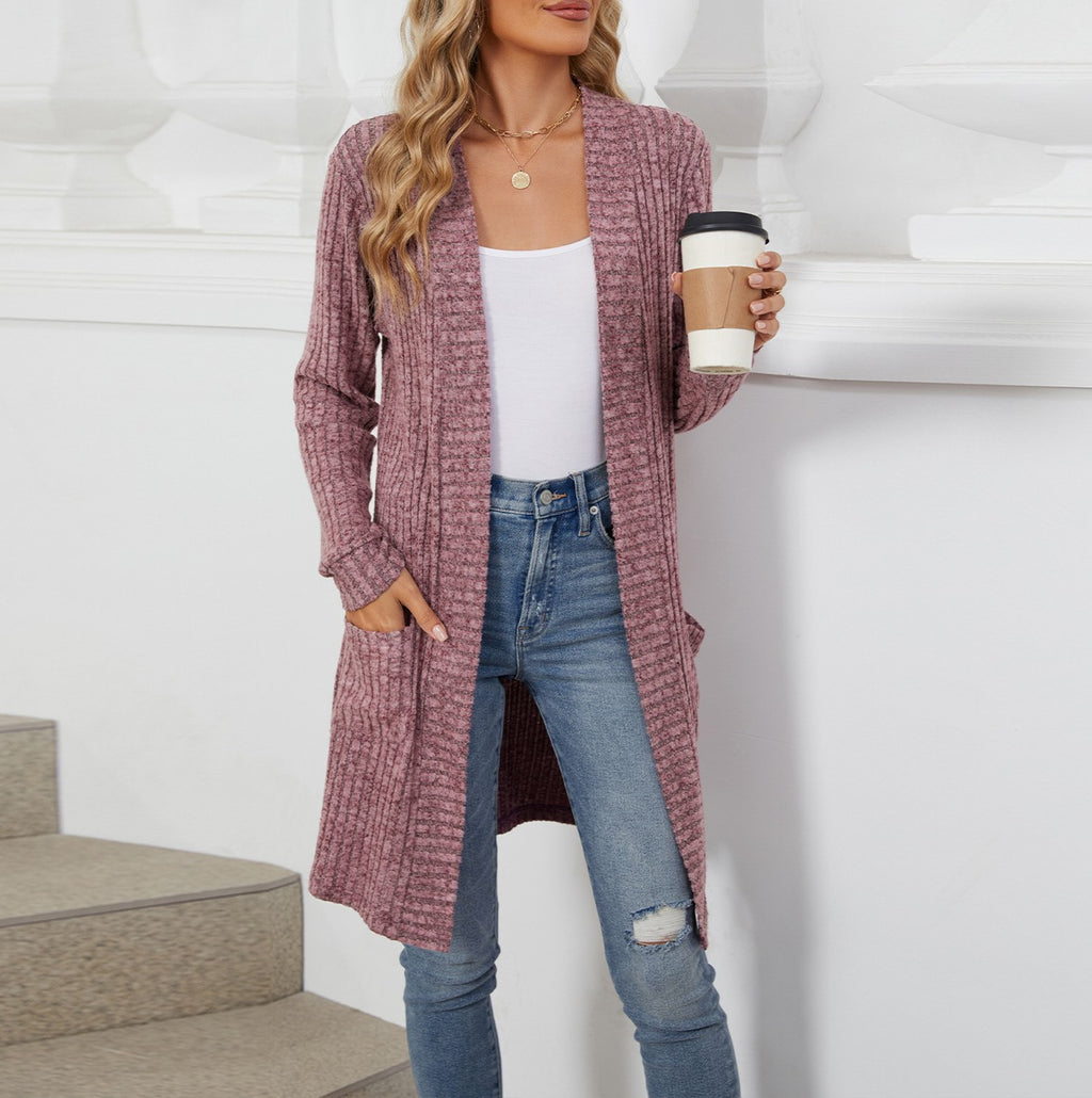 Ribbed Open Front Longline Pocket Cardigan - Purple