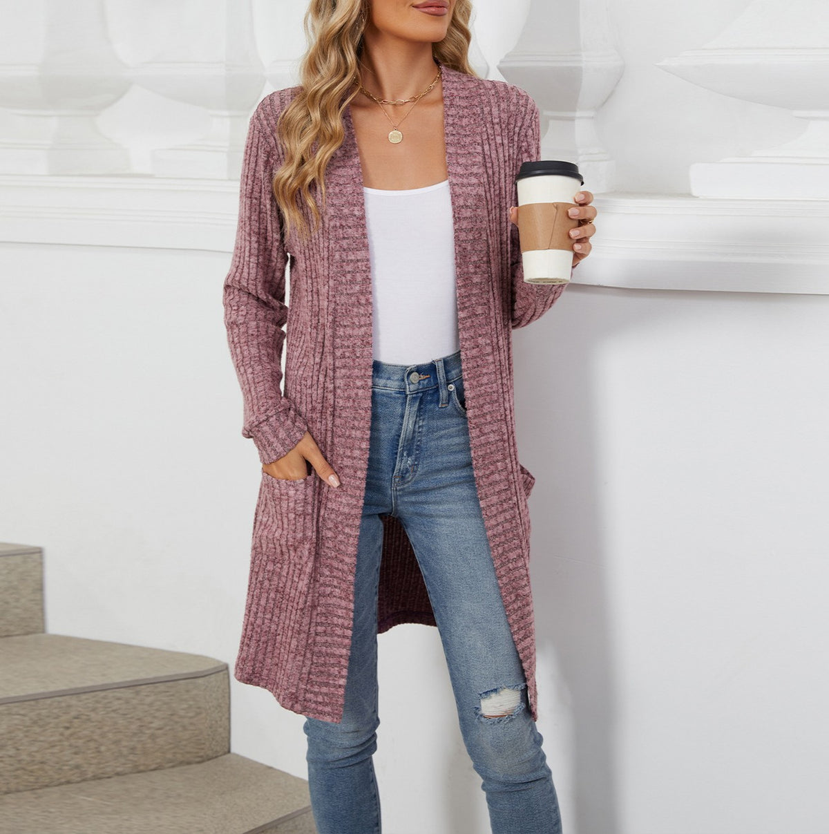 Ribbed Open Front Longline Pocket Cardigan - Purple