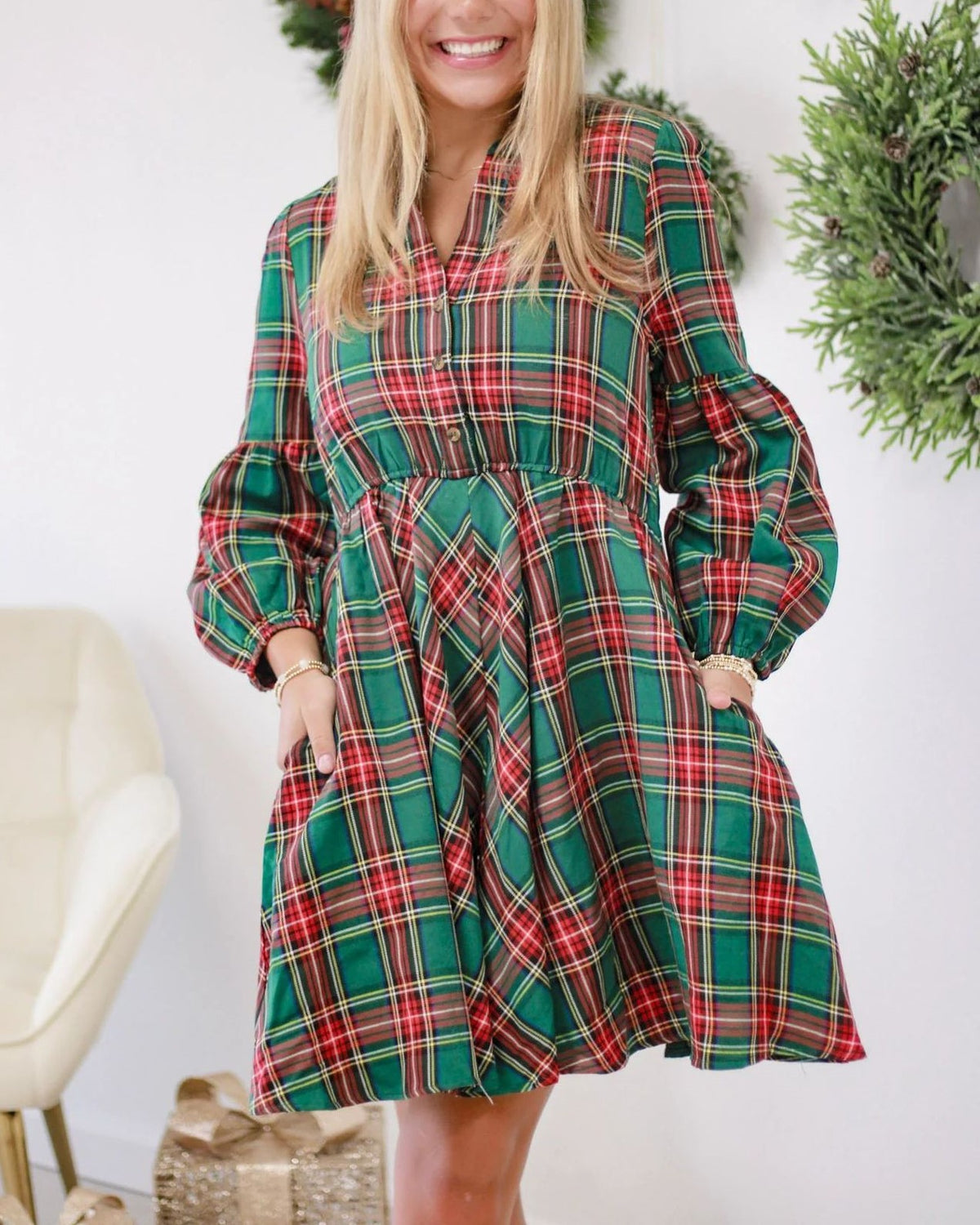 Holiday Plaid Puff Sleeve Skater Dress - Green