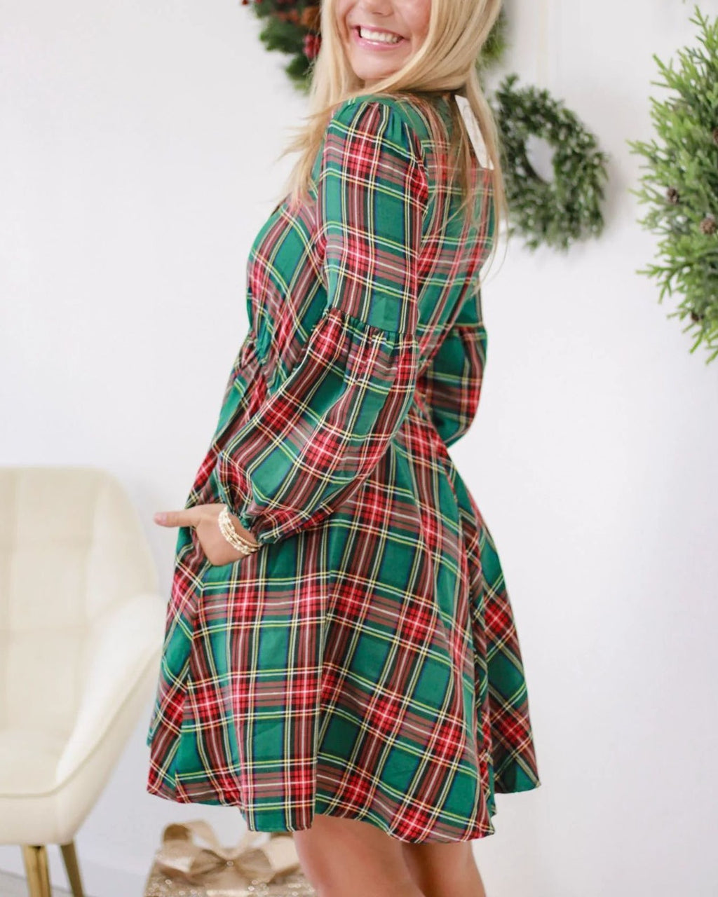 Holiday Plaid Puff Sleeve Skater Dress - Green - 1