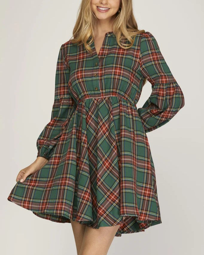 Holiday Plaid Puff Sleeve Skater Dress - Olive