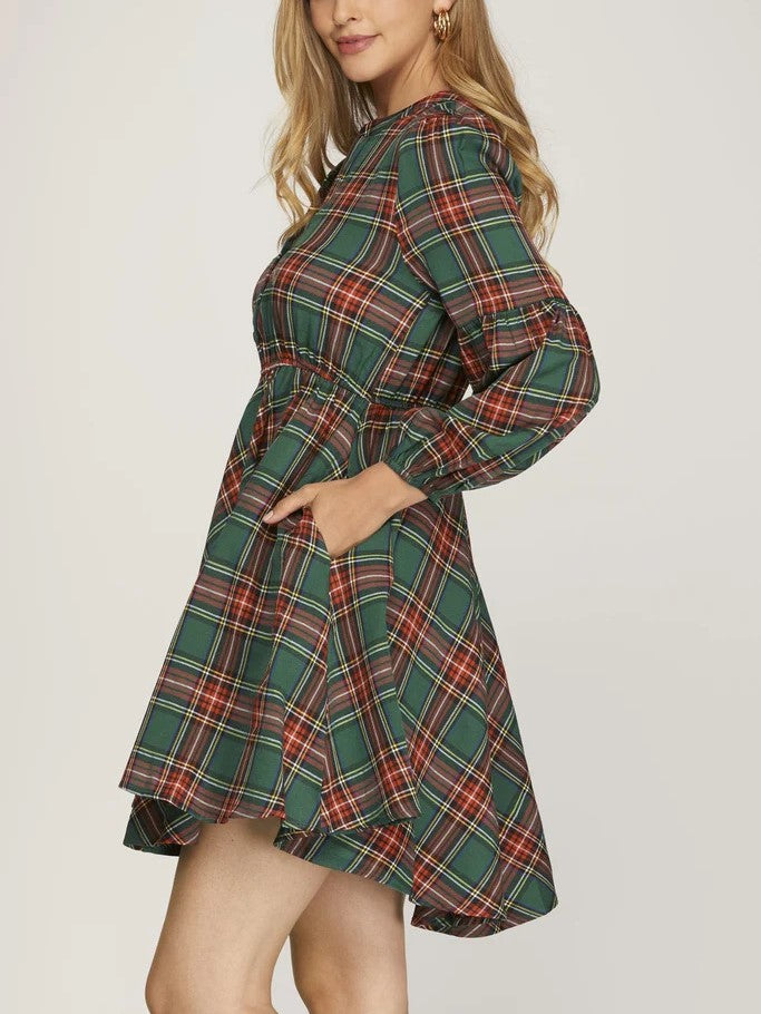 Holiday Plaid Puff Sleeve Skater Dress - Olive - 1