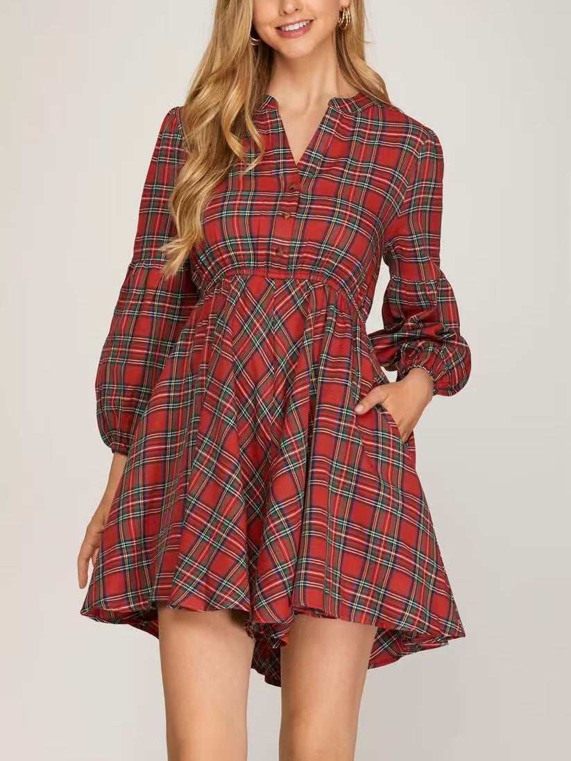 Holiday Plaid Puff Sleeve Skater Dress - Red