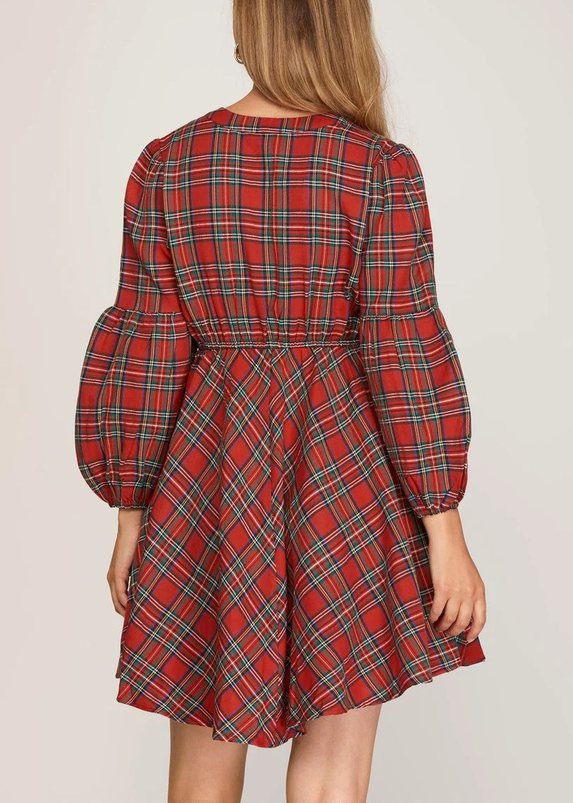 Holiday Plaid Puff Sleeve Skater Dress - Red - 1