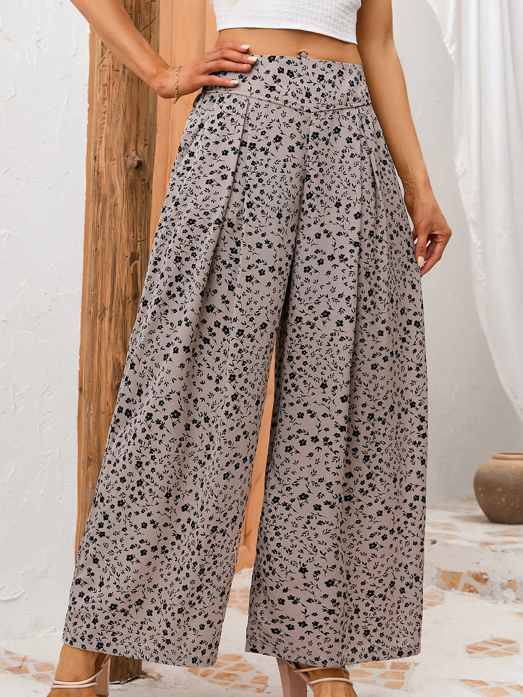 Spotted Print High Waisted Palazzo Pants - Khaki
