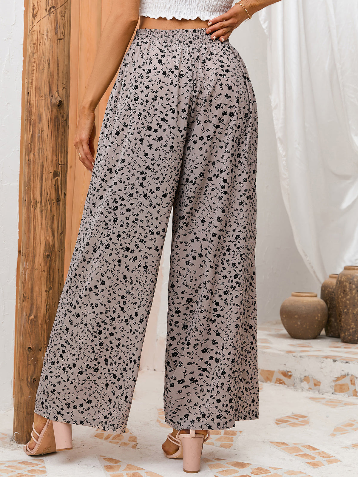 Spotted Print High Waisted Palazzo Pants - Khaki - 2