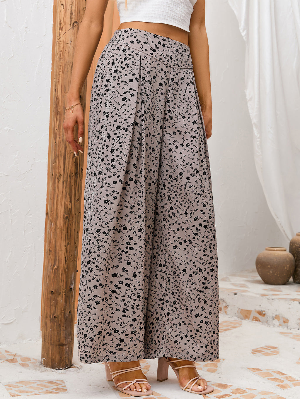 Spotted Print High Waisted Palazzo Pants - Khaki - 3