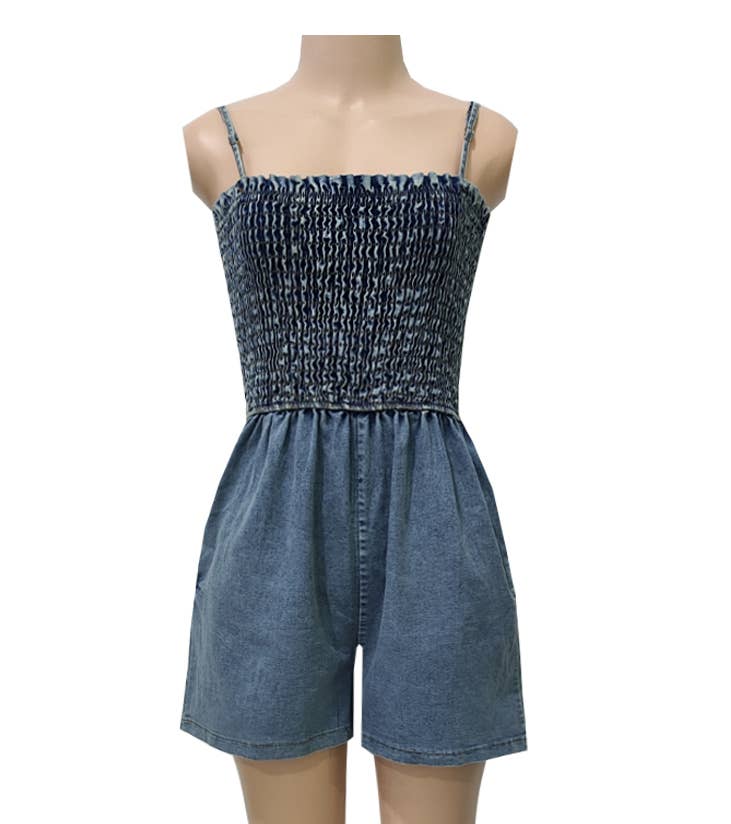 Shirred Denim Strappy Short Jumpsuit