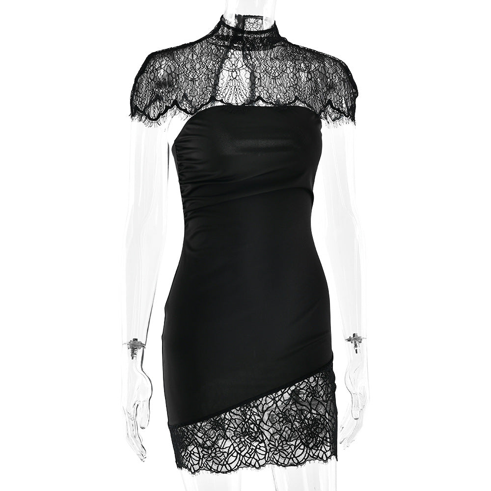 Strapless Mini Dress With Lace Shoulder Capelet - Black - 1