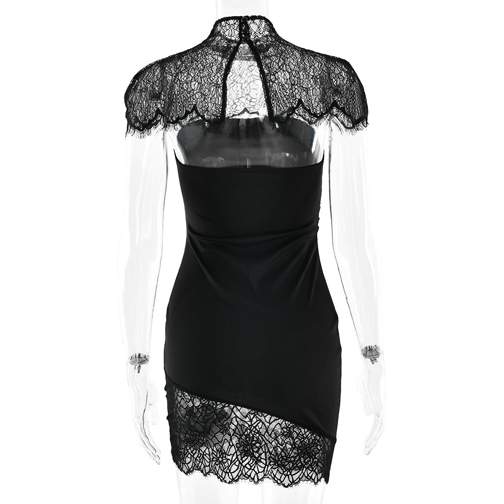 Strapless Mini Dress With Lace Shoulder Capelet - Black - 2