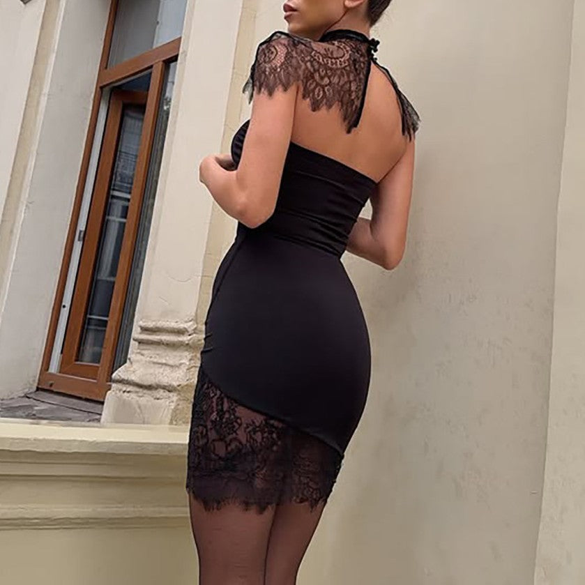 Strapless Mini Dress With Lace Shoulder Capelet - Black - 5