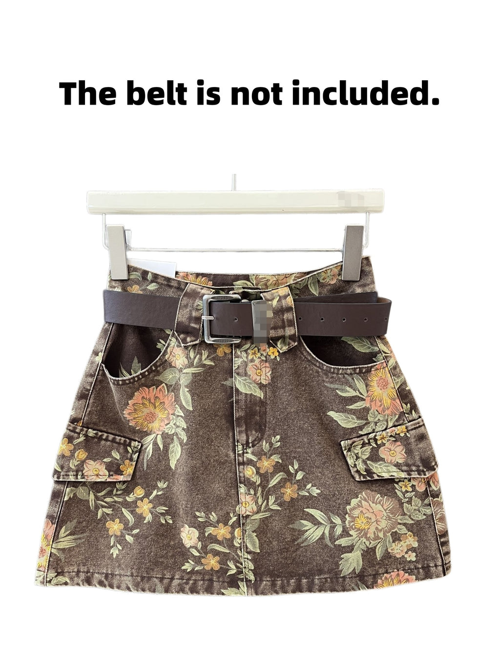 Washed Floral Denim Cargo Mini Skirt - Brown - 1