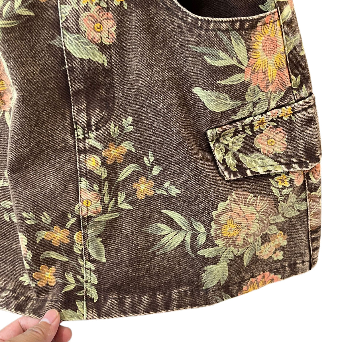 Washed Floral Denim Cargo Mini Skirt - Brown - 2