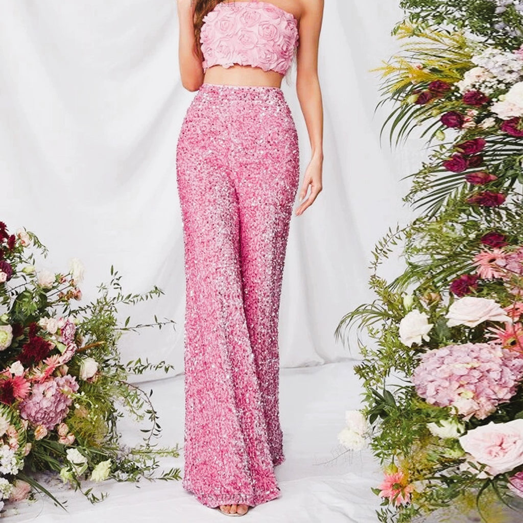 Sequin High Waist Wide Leg Party Pants - Pink