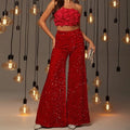Sequin High Waist Wide Leg Party Pants - Red