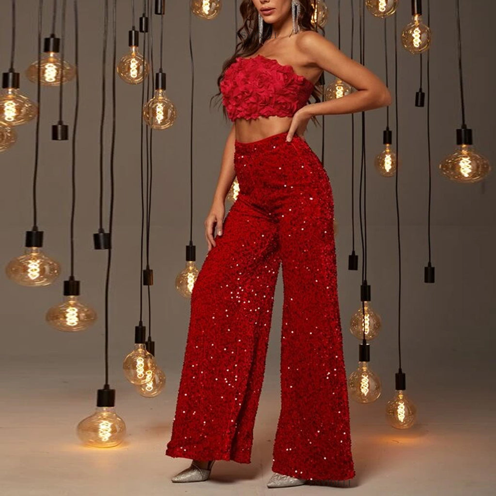 Sequin High Waist Wide Leg Party Pants - Red - 1
