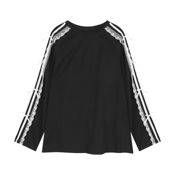 Lace Bow Trim Long Sleeve Tee - black