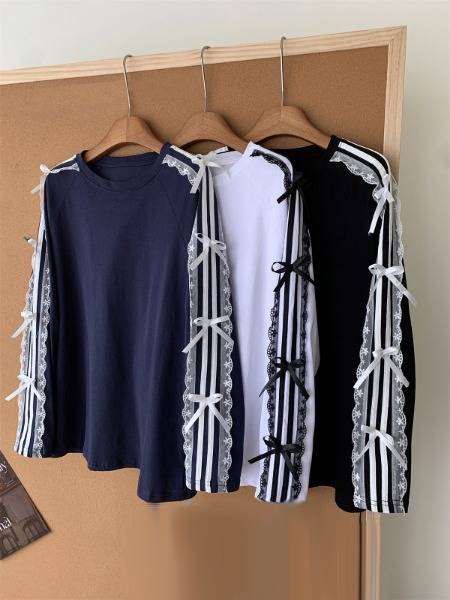Lace Bow Trim Long Sleeve Tee