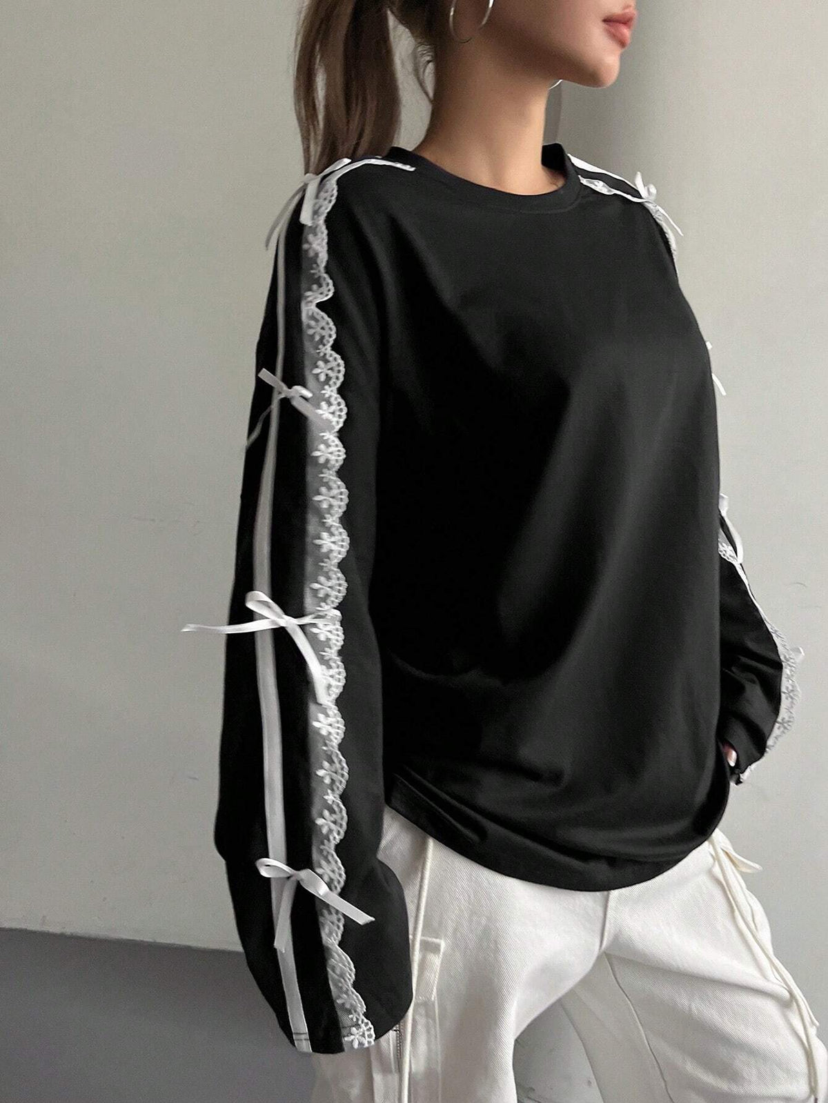 Lace Bow Trim Long Sleeve Tee - view 2