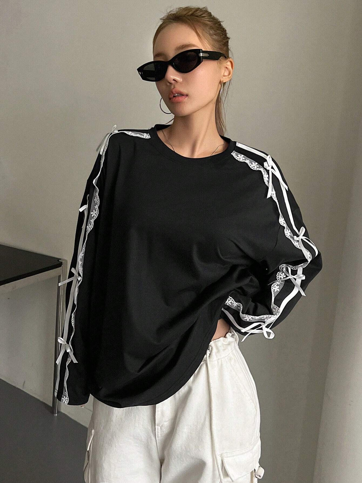 Lace Bow Trim Long Sleeve Tee - view 4