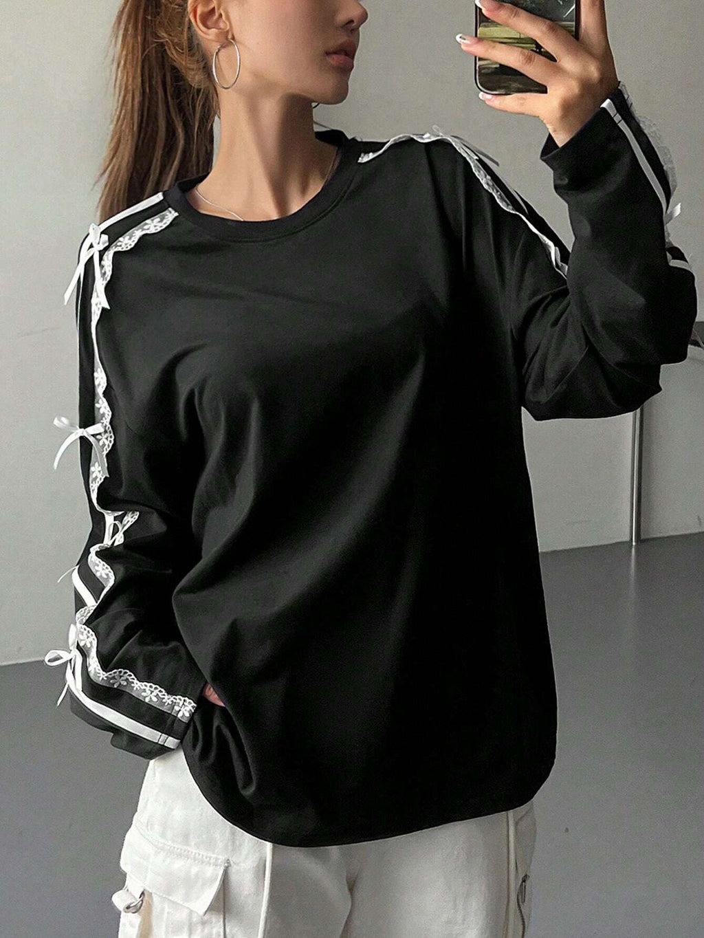 Lace Bow Trim Long Sleeve Tee - view 5