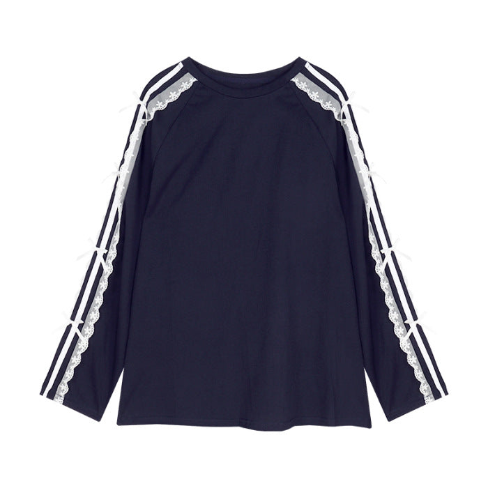 Lace Bow Trim Long Sleeve Tee - navy