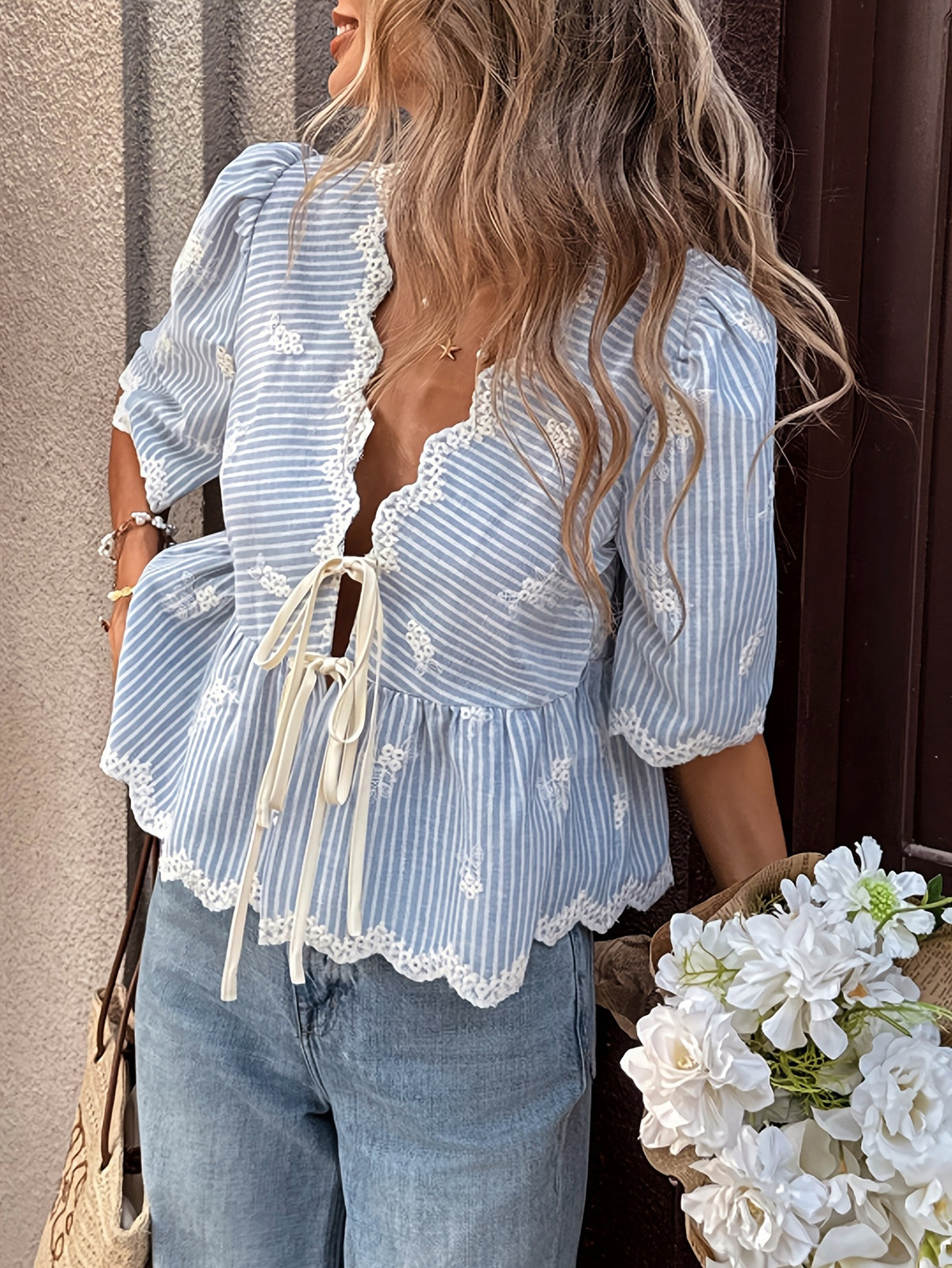 Scalloped Lace Striped Peplum Blouse - Blue