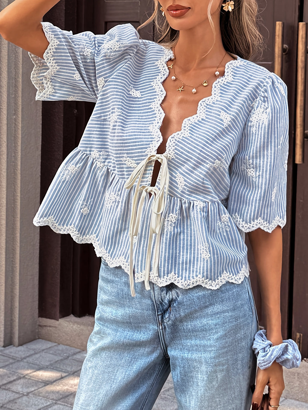 Scalloped Lace Striped Peplum Blouse - Blue - 1
