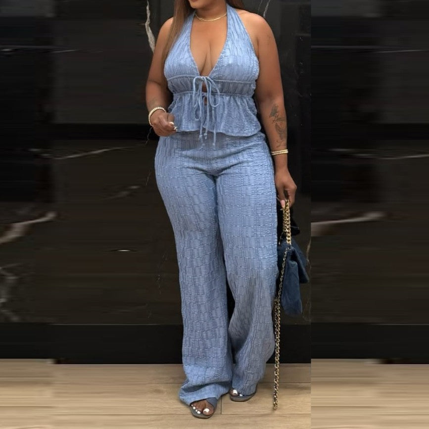 Halter Tie Top And Wide Leg Pants Set - Blue