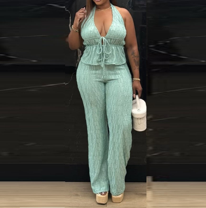 Halter Tie Top And Wide Leg Pants Set - Green