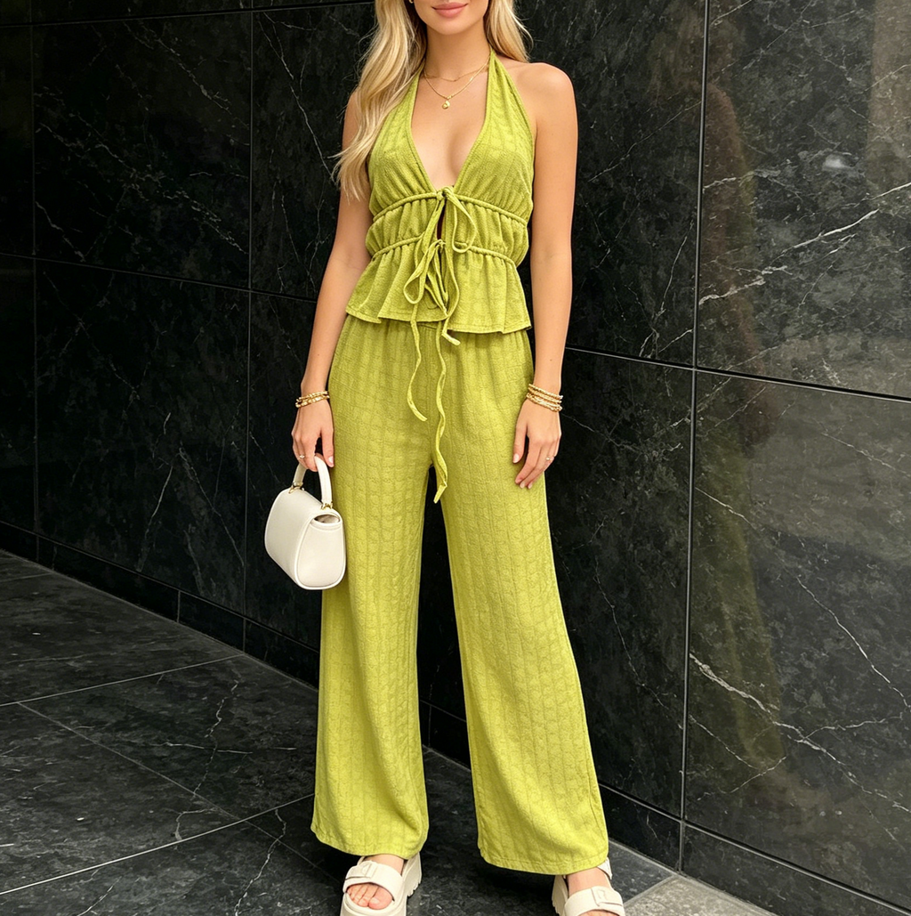 Halter Tie Top And Wide Leg Pants Set - Yellow