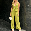 Halter Tie Top And Wide Leg Pants Set - Yellow