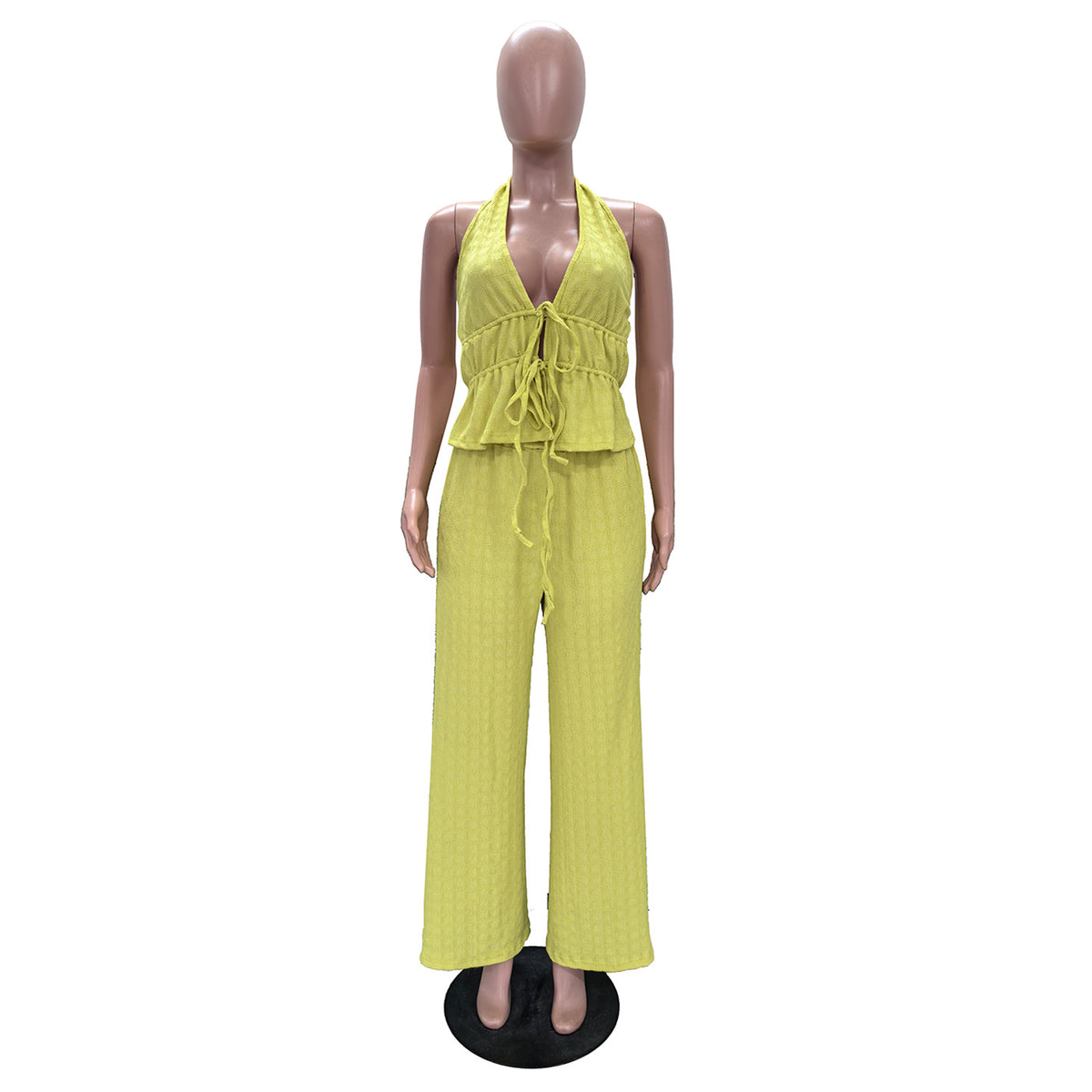 Halter Tie Top And Wide Leg Pants Set - Yellow - 1