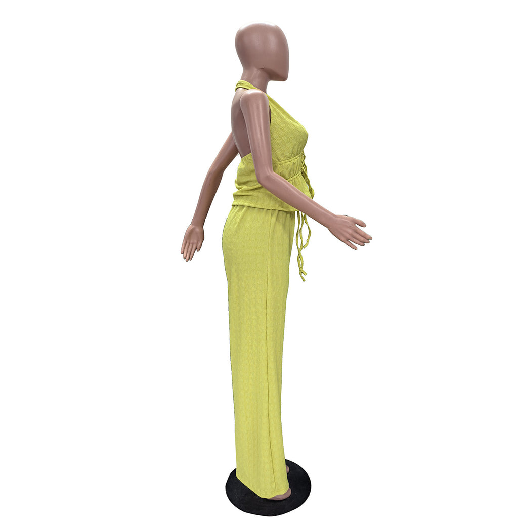 Halter Tie Top And Wide Leg Pants Set - Yellow - 2