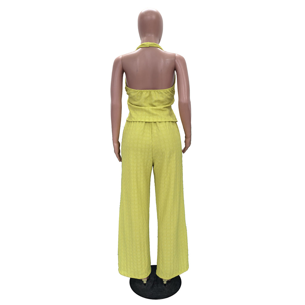 Halter Tie Top And Wide Leg Pants Set - Yellow - 3
