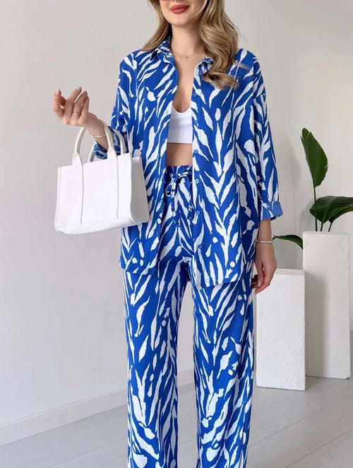 Abstract Brushstroke Print Shirt and Pants Set - Blue