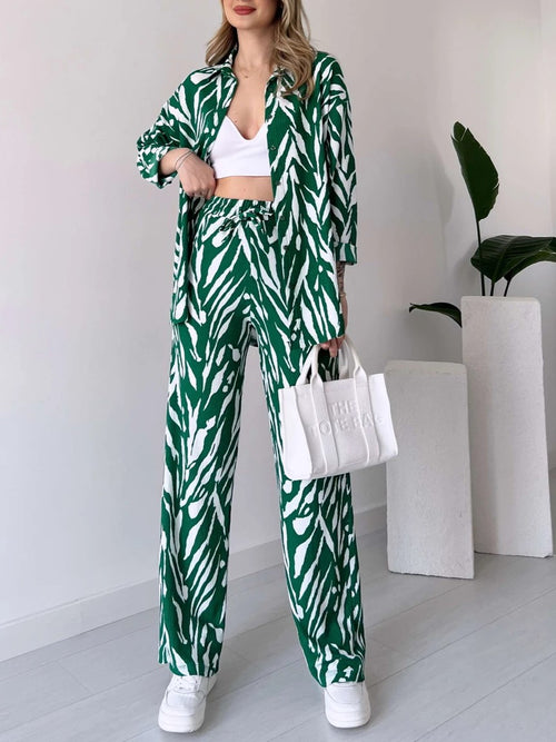 Abstract Brushstroke Print Shirt and Pants Set - Green