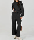 Ribbed Knit Sweatshirt Wide Leg Lounge Set - Black