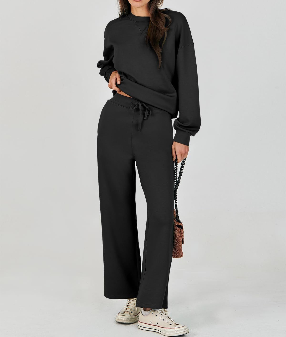 Ribbed Knit Sweatshirt Wide Leg Lounge Set - Black