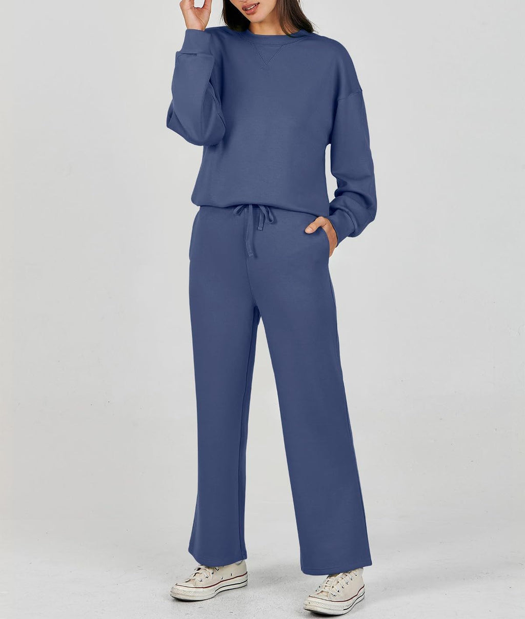 Ribbed Knit Sweatshirt Wide Leg Lounge Set - Blue