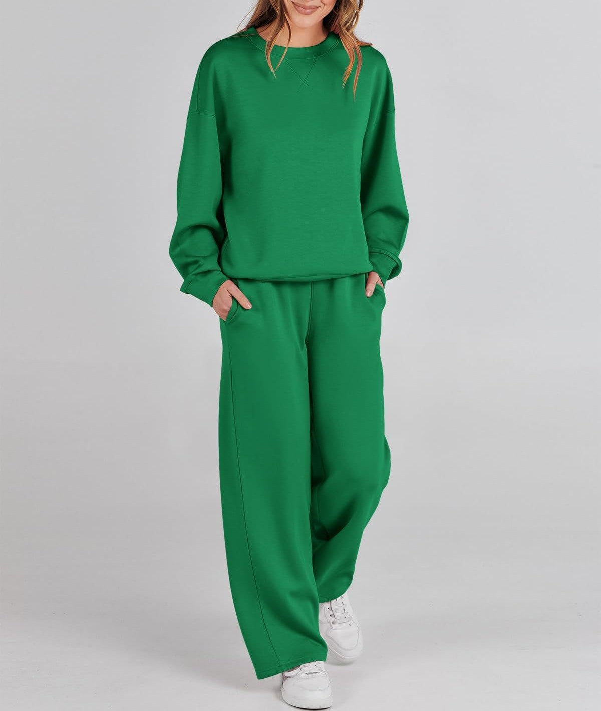 Ribbed Knit Sweatshirt Wide Leg Lounge Set - Green
