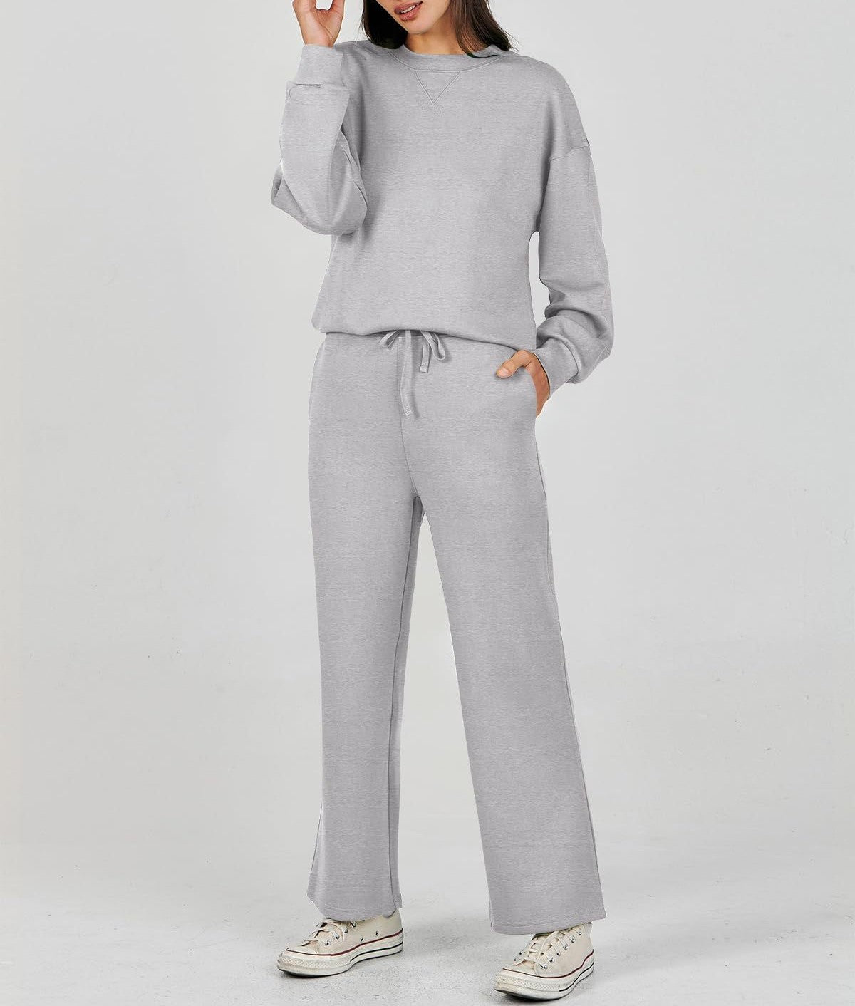 Ribbed Knit Sweatshirt Wide Leg Lounge Set - Grey