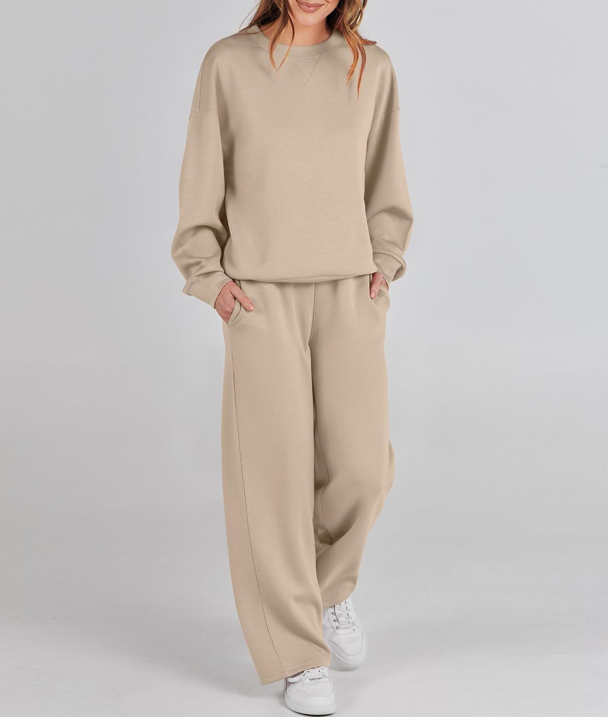 Ribbed Knit Sweatshirt Wide Leg Lounge Set - Khaki