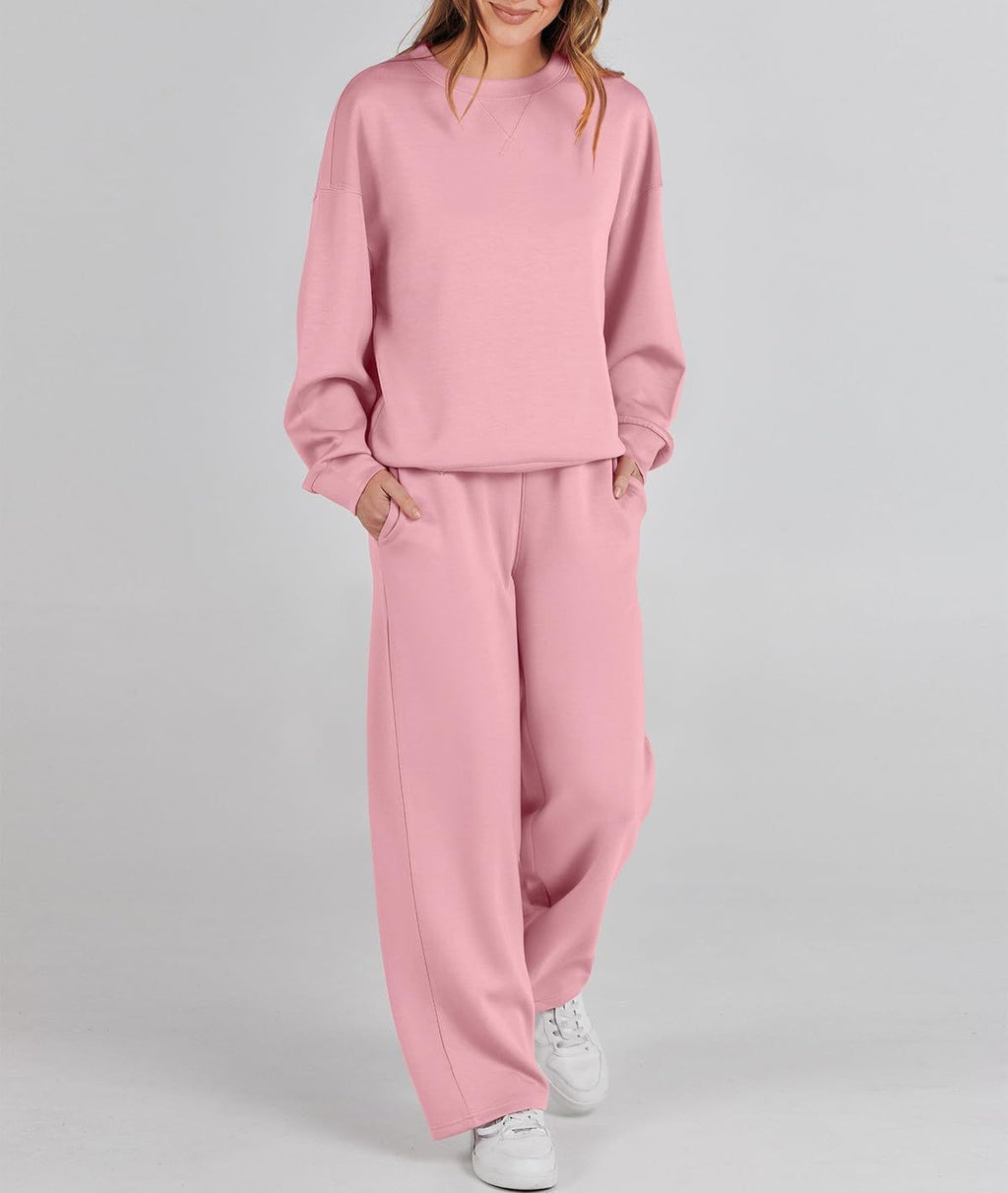 Ribbed Knit Sweatshirt Wide Leg Lounge Set - Pink