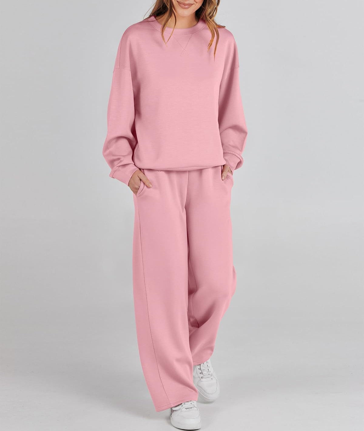Ribbed Knit Sweatshirt Wide Leg Lounge Set - Pink