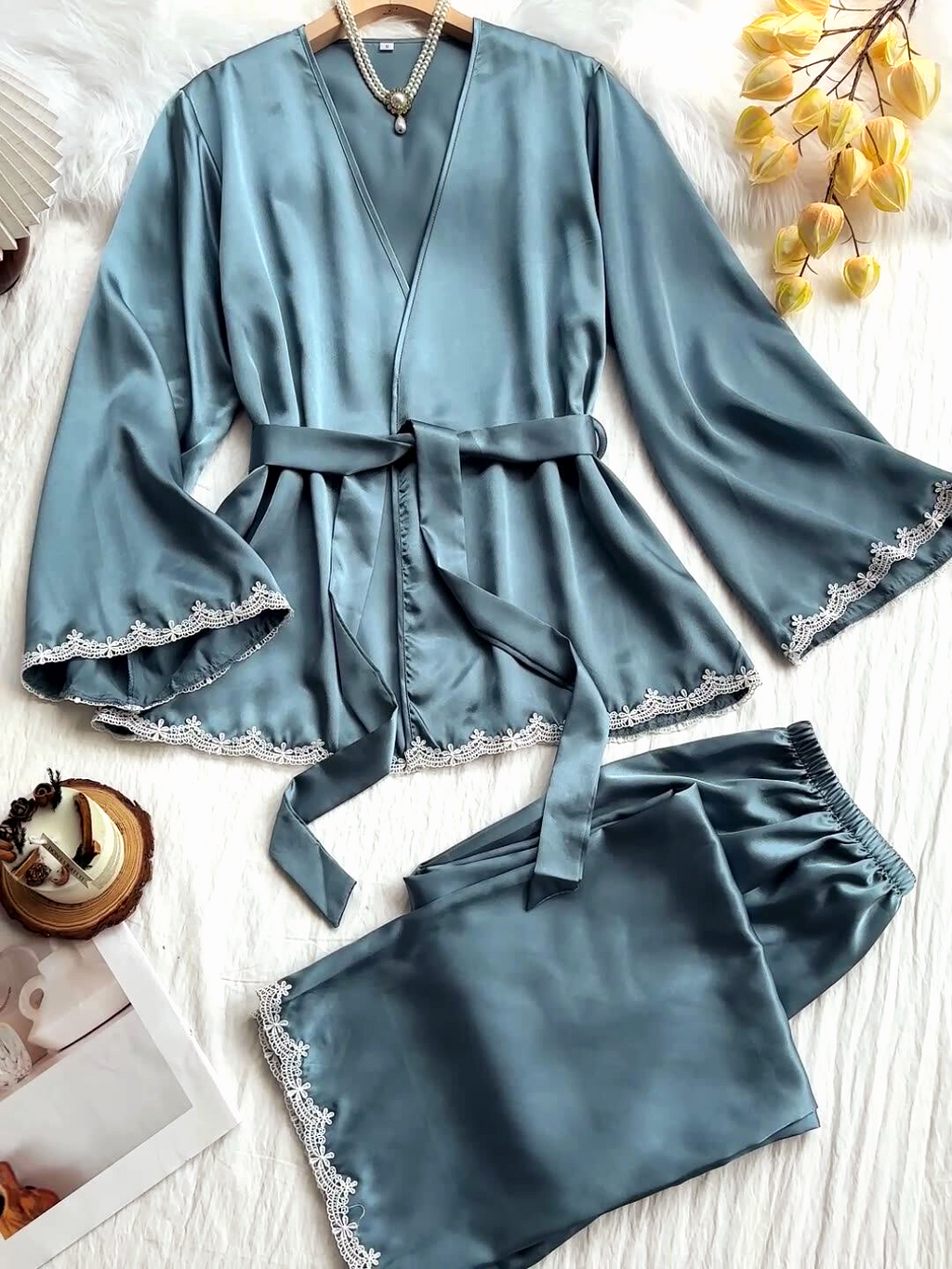 Satin Lounge Set With Belted Lace Robe - Blue - 1