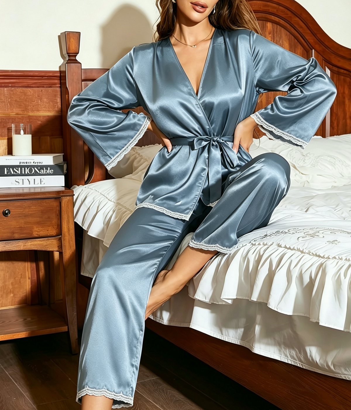 Satin Lounge Set With Belted Lace Robe - Blue - 3