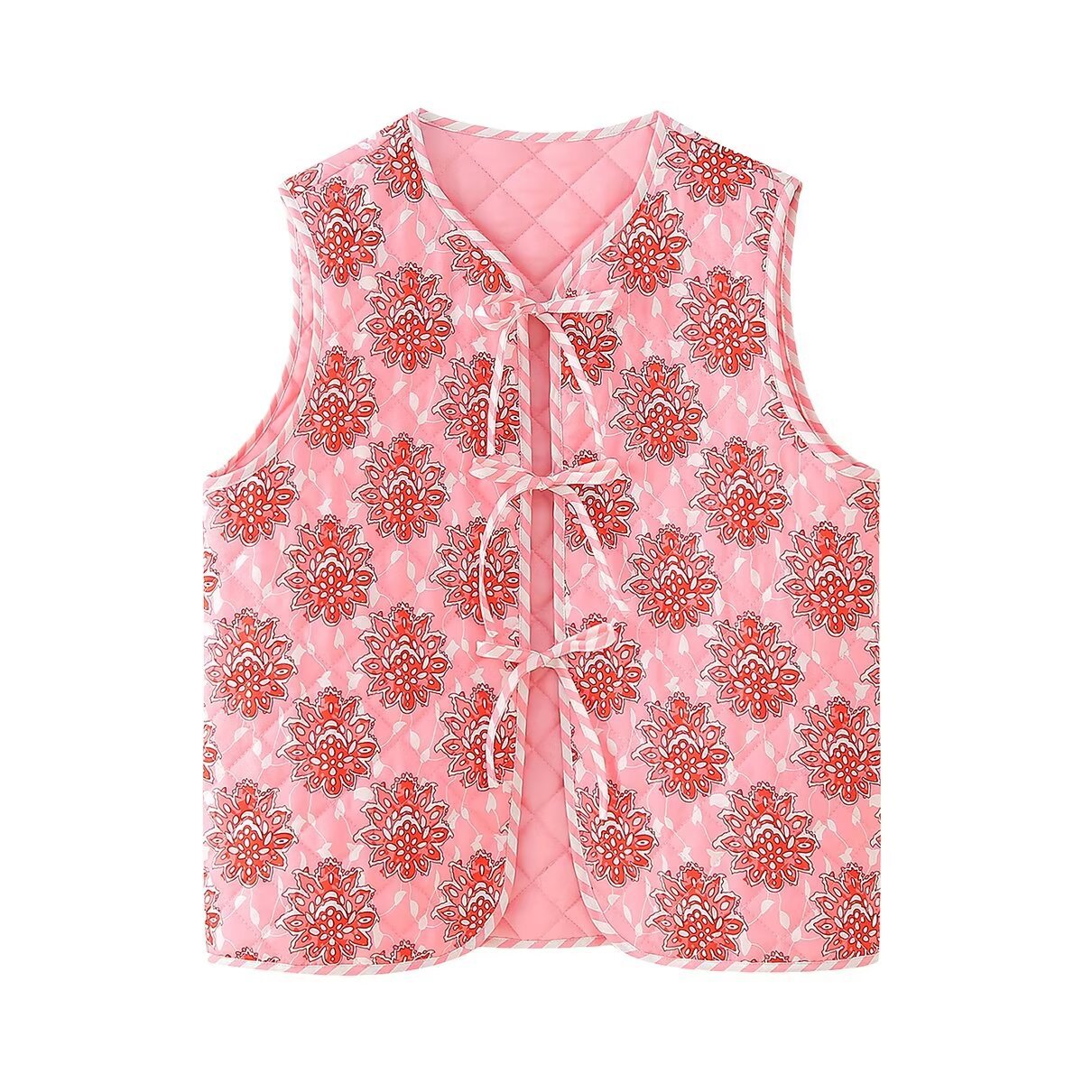 Block Print Floral Quilted Tie Vest - Pink