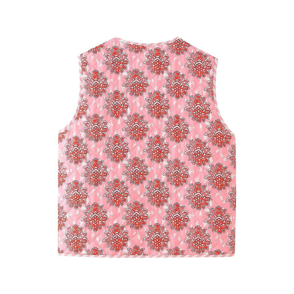 Block Print Floral Quilted Tie Vest - Pink - 1